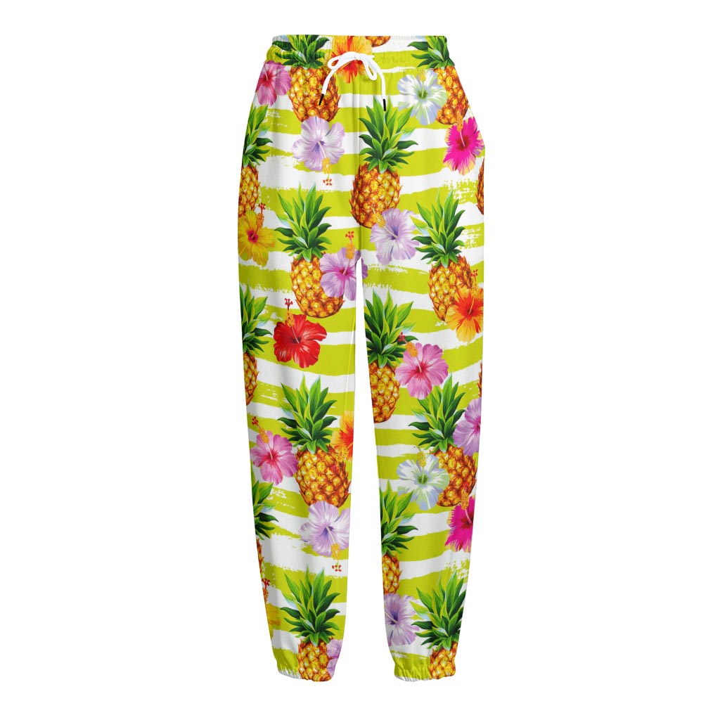 Yellow Striped Pineapple Pattern Print Fleece Lined Knit Pants