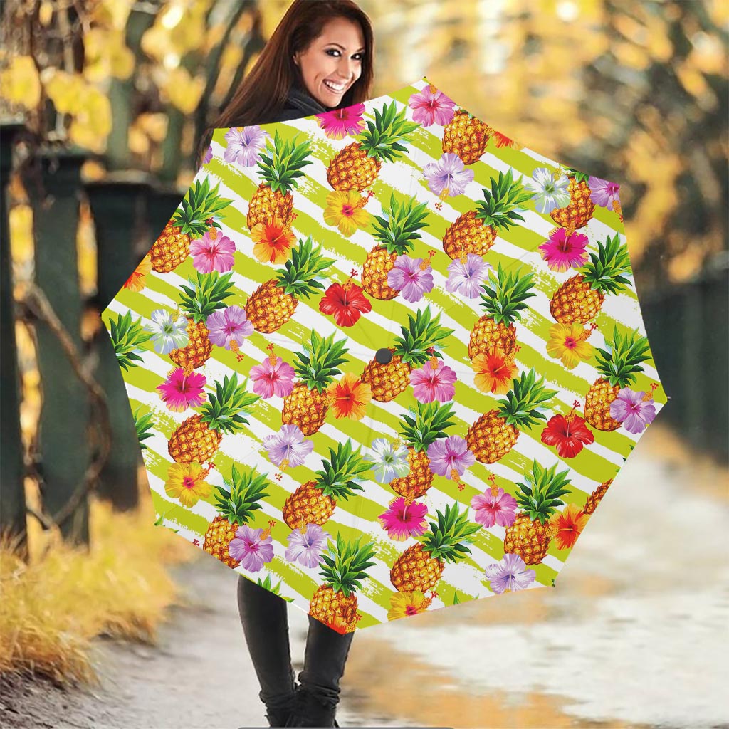 Yellow Striped Pineapple Pattern Print Foldable Umbrella