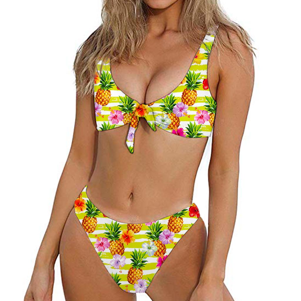 Yellow Striped Pineapple Pattern Print Front Bow Tie Bikini