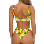 Yellow Striped Pineapple Pattern Print Front Bow Tie Bikini