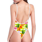 Yellow Striped Pineapple Pattern Print High Cut One Piece Swimsuit