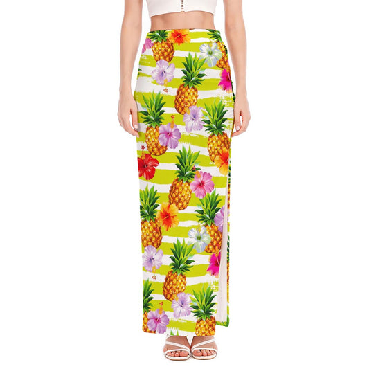 Yellow Striped Pineapple Pattern Print High Slit Maxi Skirt