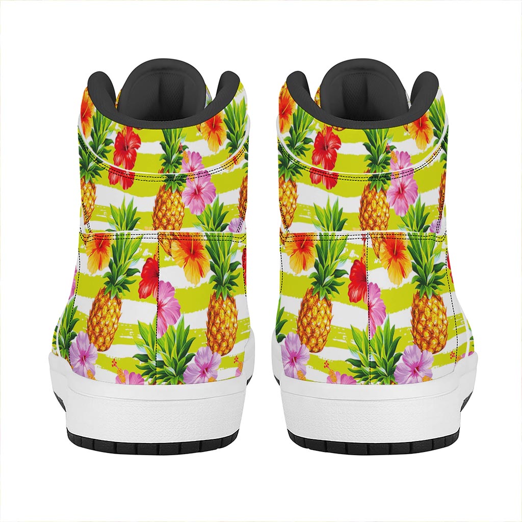 Yellow Striped Pineapple Pattern Print High Top Leather Sneakers