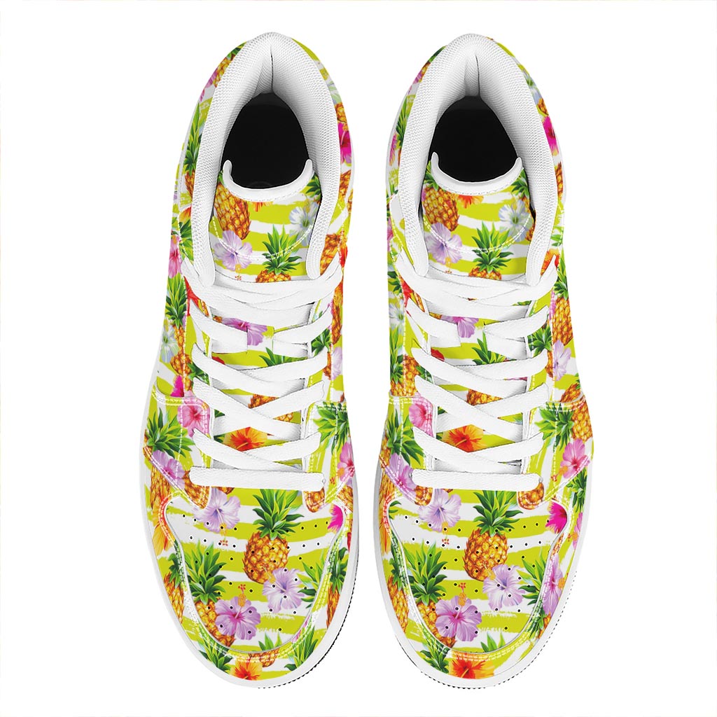 Yellow Striped Pineapple Pattern Print High Top Leather Sneakers