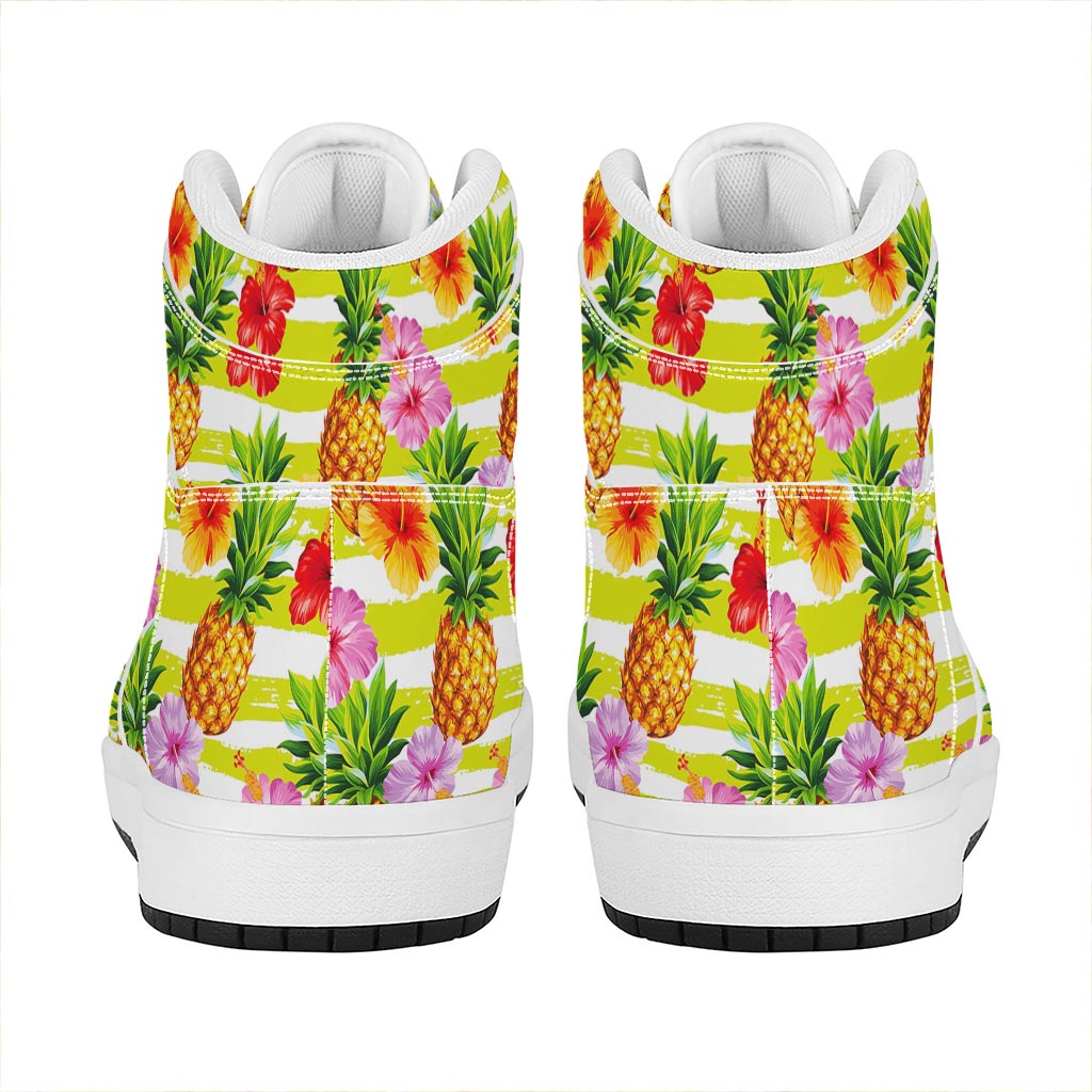 Yellow Striped Pineapple Pattern Print High Top Leather Sneakers