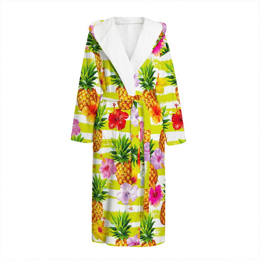 Yellow Striped Pineapple Pattern Print Hooded Bathrobe