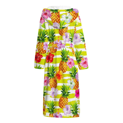 Yellow Striped Pineapple Pattern Print Hooded Bathrobe