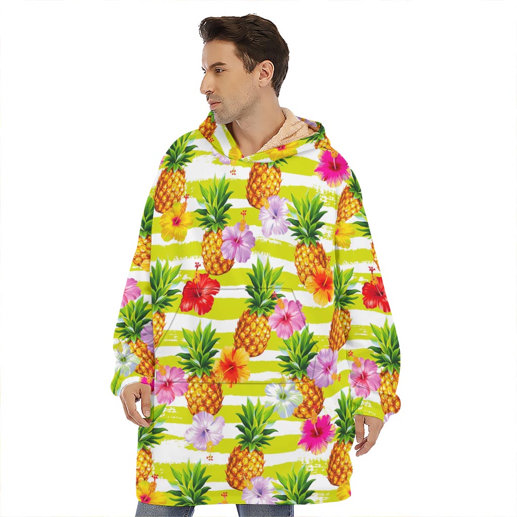 Yellow Striped Pineapple Pattern Print Hoodie Blanket