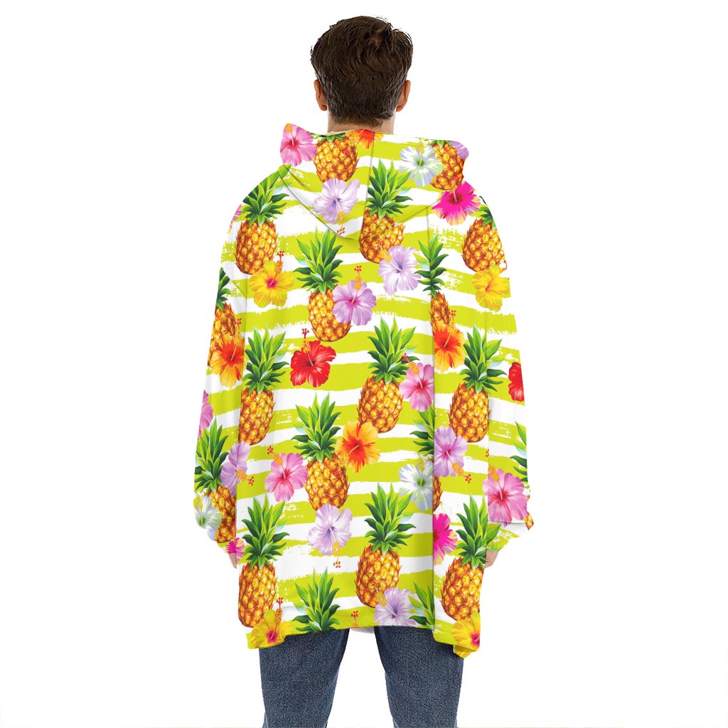 Yellow Striped Pineapple Pattern Print Hoodie Blanket