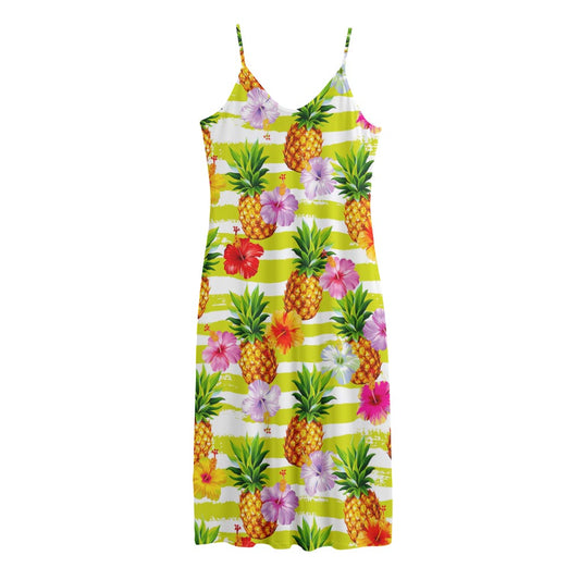 Yellow Striped Pineapple Pattern Print Jersey Midi Cami Dress
