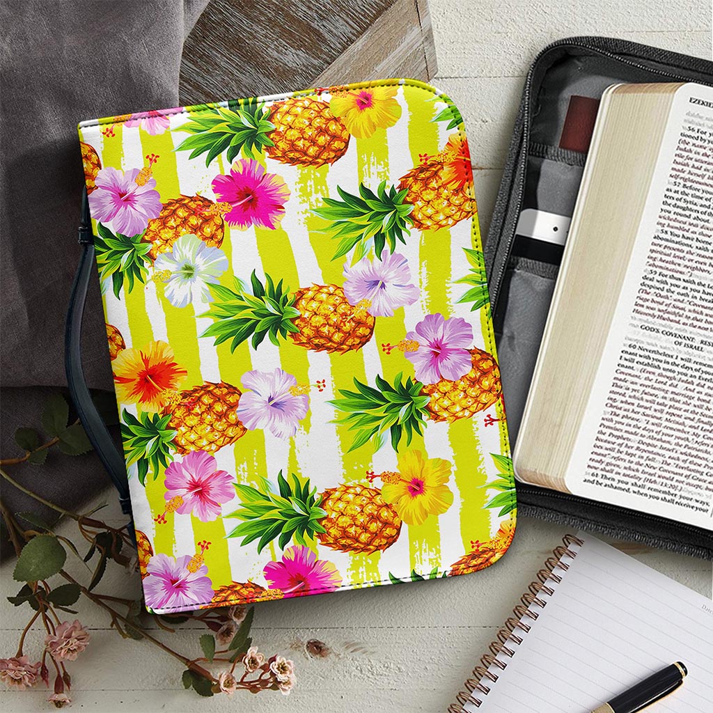 Yellow Striped Pineapple Pattern Print Leather Bible Cover