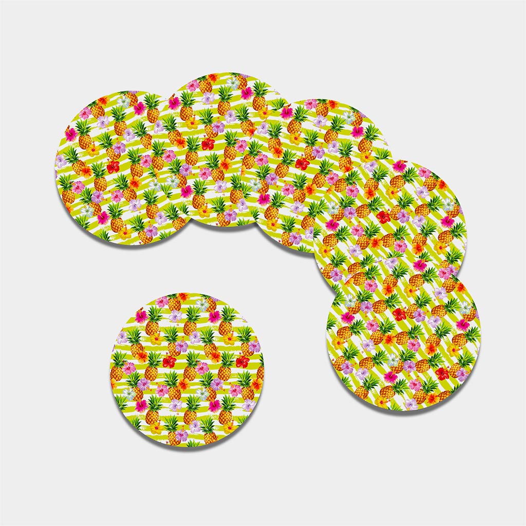 Yellow Striped Pineapple Pattern Print Leather Coaster Set