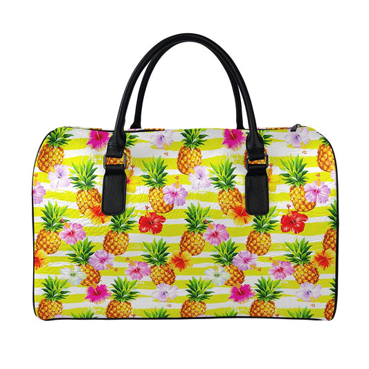 Yellow Striped Pineapple Pattern Print Leather Duffle Bag