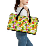 Yellow Striped Pineapple Pattern Print Leather Duffle Bag