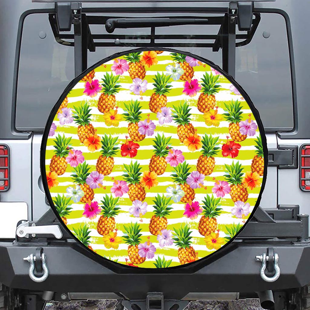 Yellow Striped Pineapple Pattern Print Leather Spare Tire Cover