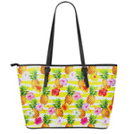 Yellow Striped Pineapple Pattern Print Leather Tote Bag