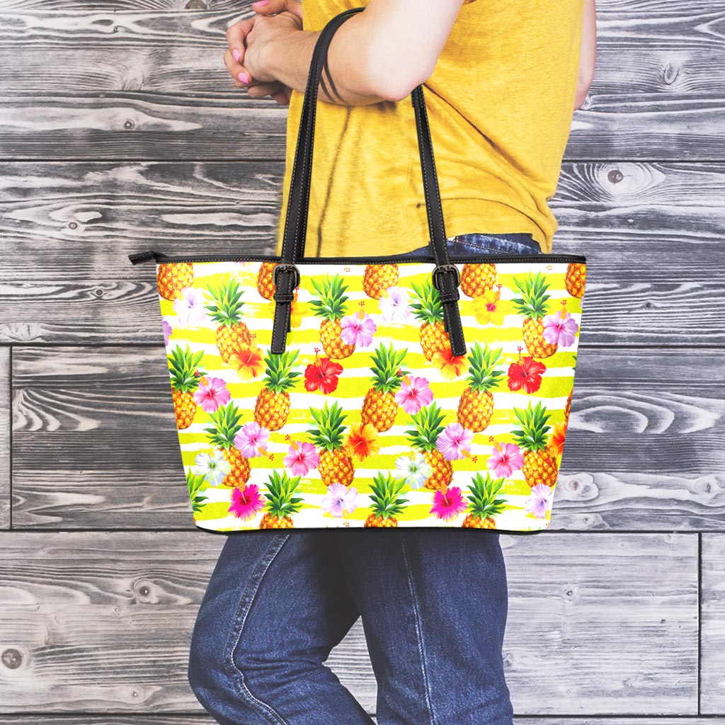 Yellow Striped Pineapple Pattern Print Leather Tote Bag