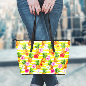 Yellow Striped Pineapple Pattern Print Leather Tote Bag