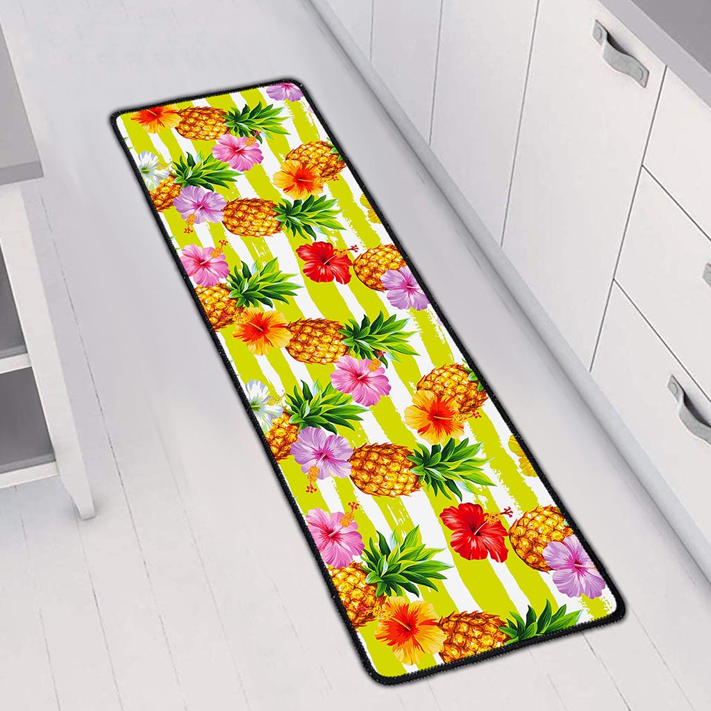 Yellow Striped Pineapple Pattern Print Long Kitchen Mat