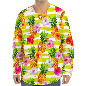 Yellow Striped Pineapple Pattern Print Long Sleeve Baseball Jersey