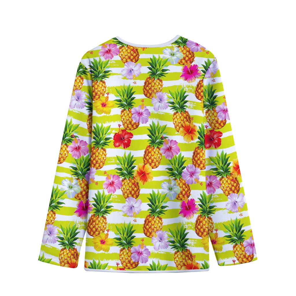 Yellow Striped Pineapple Pattern Print Long Sleeve Short Coat