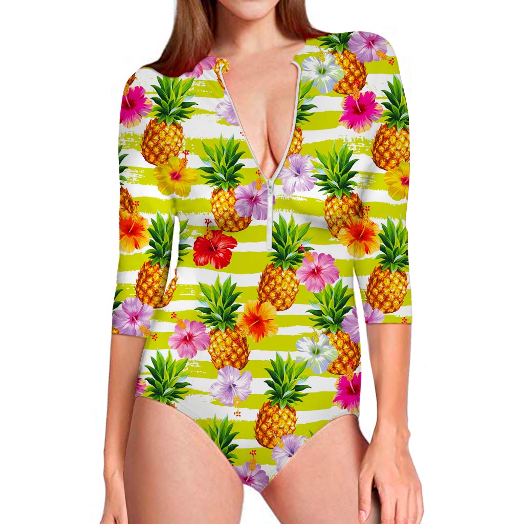 Yellow Striped Pineapple Pattern Print Long Sleeve Swimsuit