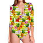 Yellow Striped Pineapple Pattern Print Long Sleeve Swimsuit