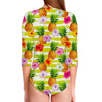 Yellow Striped Pineapple Pattern Print Long Sleeve Swimsuit