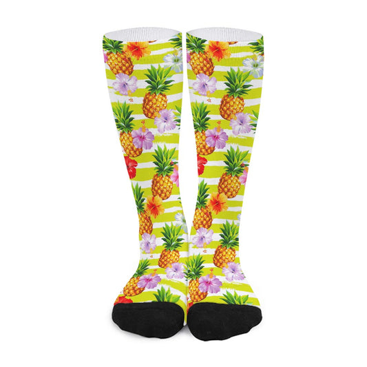 Yellow Striped Pineapple Pattern Print Long Socks