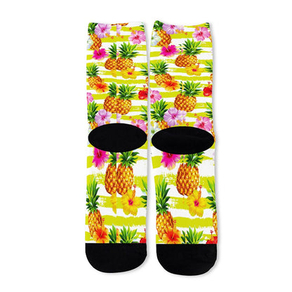Yellow Striped Pineapple Pattern Print Long Socks