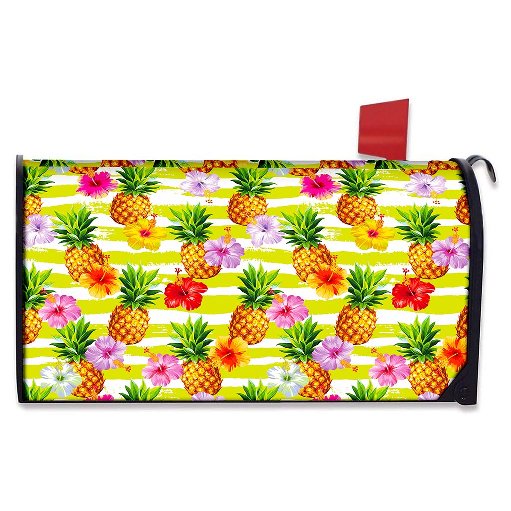 Yellow Striped Pineapple Pattern Print Mailbox Cover