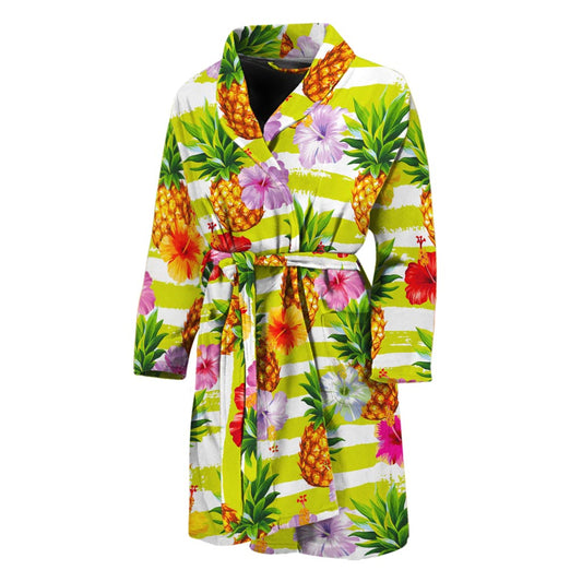 Yellow Striped Pineapple Pattern Print Men's Bathrobe