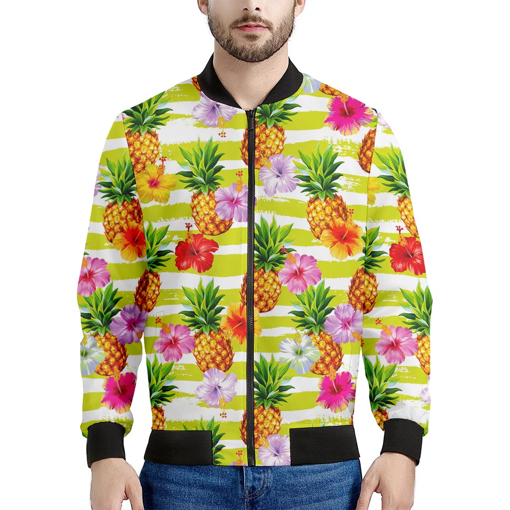 Yellow Striped Pineapple Pattern Print Men's Bomber Jacket