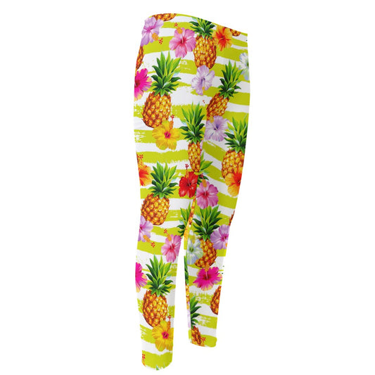 Yellow Striped Pineapple Pattern Print Men's Compression Pants