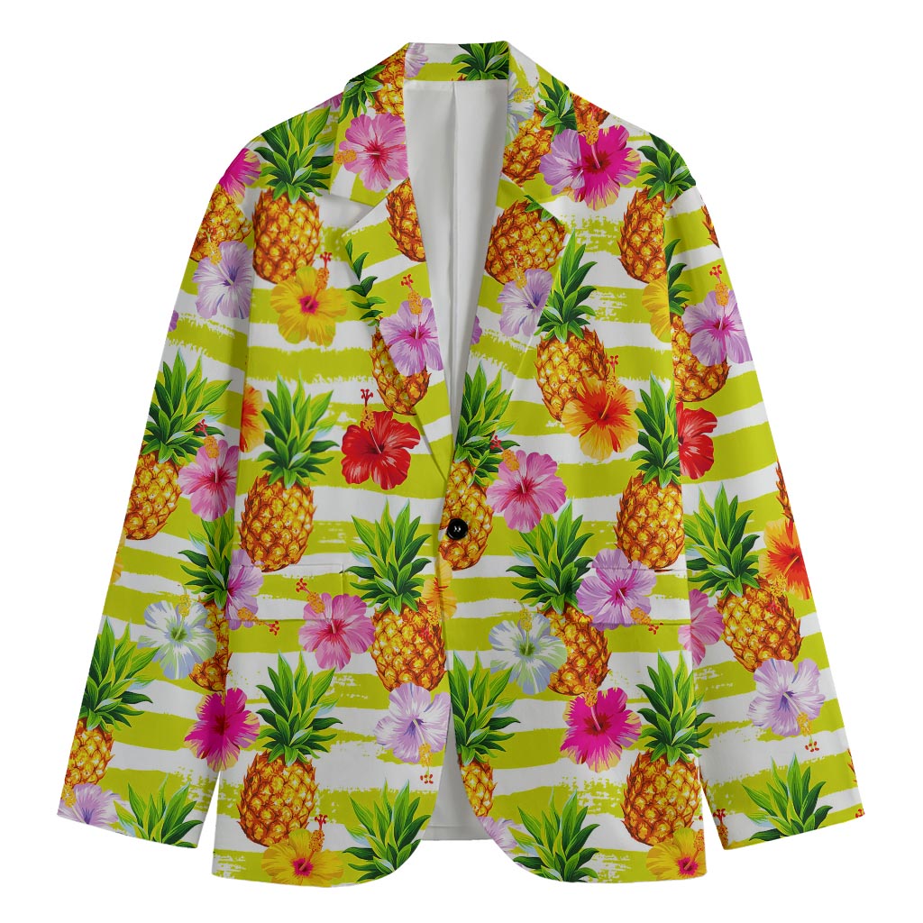Yellow Striped Pineapple Pattern Print Men's Cotton Blazer
