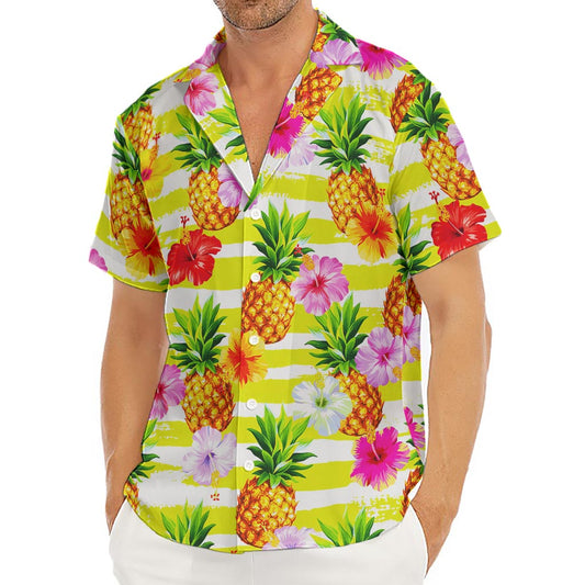Yellow Striped Pineapple Pattern Print Men's Deep V-Neck Shirt