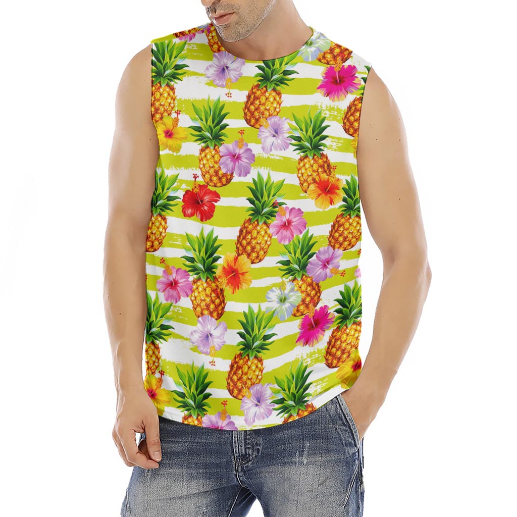 Yellow Striped Pineapple Pattern Print Men's Fitness Tank Top