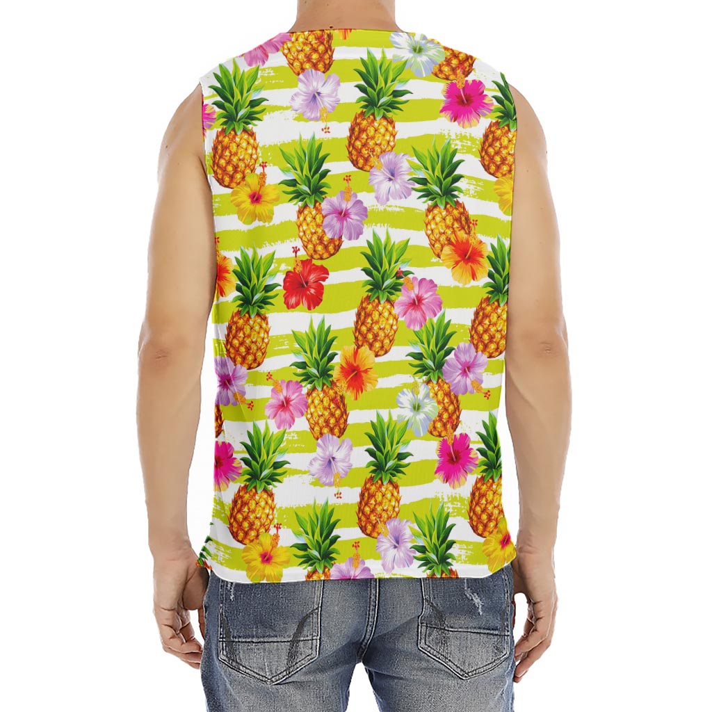 Yellow Striped Pineapple Pattern Print Men's Fitness Tank Top