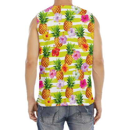 Yellow Striped Pineapple Pattern Print Men's Fitness Tank Top