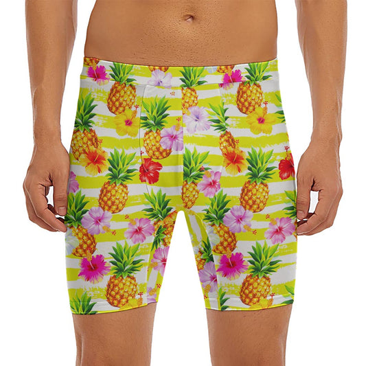 Yellow Striped Pineapple Pattern Print Men's Long Boxer Briefs