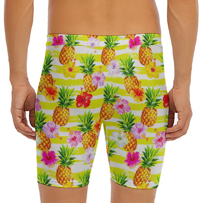 Yellow Striped Pineapple Pattern Print Men's Long Boxer Briefs