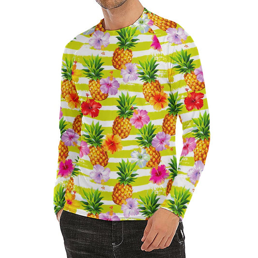 Yellow Striped Pineapple Pattern Print Men's Long Sleeve Rash Guard