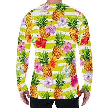Yellow Striped Pineapple Pattern Print Men's Long Sleeve T-Shirt