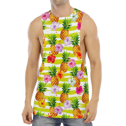 Yellow Striped Pineapple Pattern Print Men's Muscle Tank Top