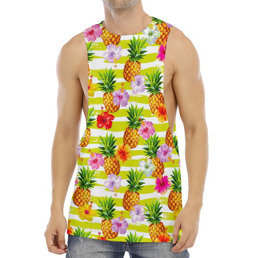 Yellow Striped Pineapple Pattern Print Men's Muscle Tank Top