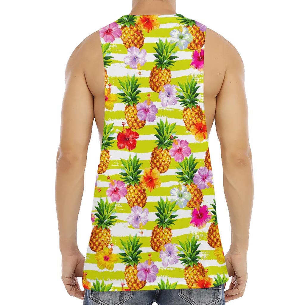 Yellow Striped Pineapple Pattern Print Men's Muscle Tank Top