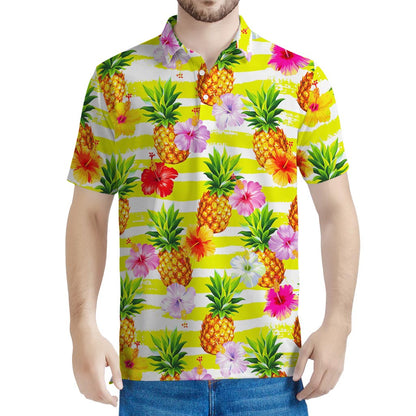 Yellow Striped Pineapple Pattern Print Men's Polo Shirt