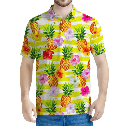 Yellow Striped Pineapple Pattern Print Men's Polo Shirt