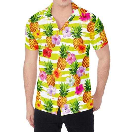 Yellow Striped Pineapple Pattern Print Men's Shirt