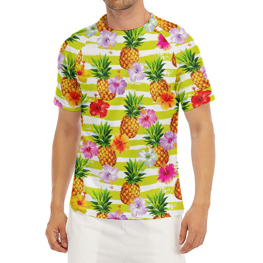 Yellow Striped Pineapple Pattern Print Men's Short Sleeve Rash Guard
